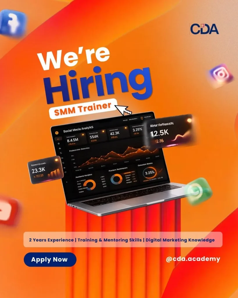 Creative hiring poster promoting a digital marketing position with bold orange graphic elements.