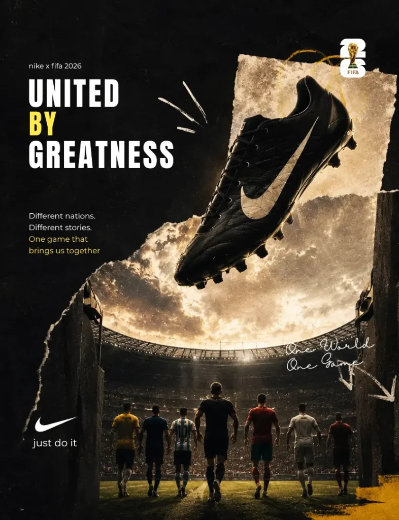 Nike football poster featuring a football boot and dramatic United by Greatness concept.